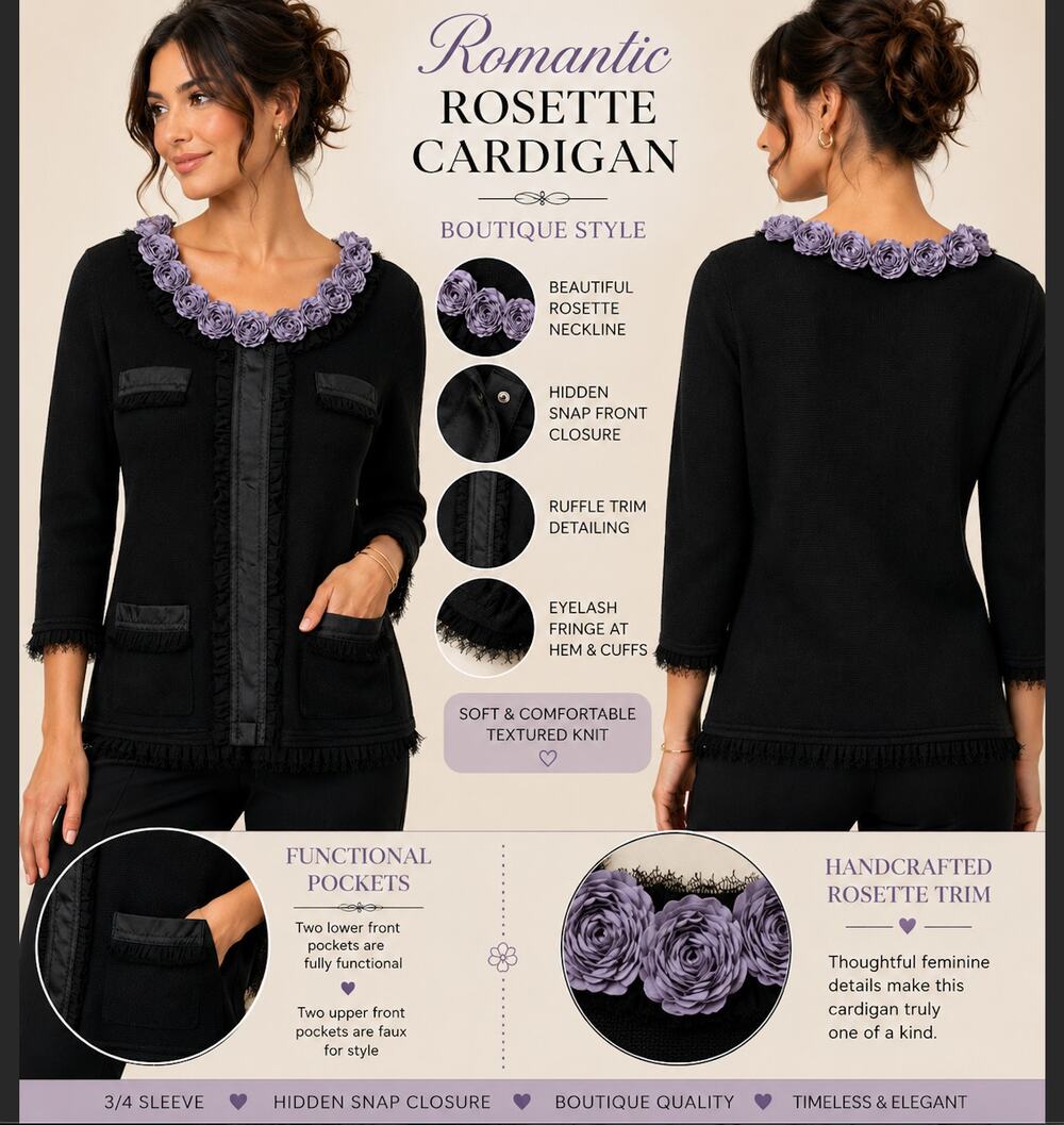 Boutique Romantic Rosette Cardigan Black Knit Floral Trim No Size